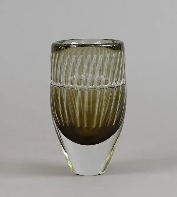 Ingeborg Lundin 'Ariel' glass vase for Orrefors, circa. 1964, green and clear glass of tapering form, signed 'ORREFORS ARIEL No 718N INGEBORG LUNDIN'.