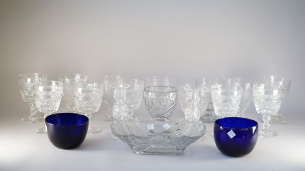 A group of glassware , 19th century and later, comprising; a pair of engraved glass rummers, 14.5cm. high; two pairs of cut glass goblets, 14.25cm. an