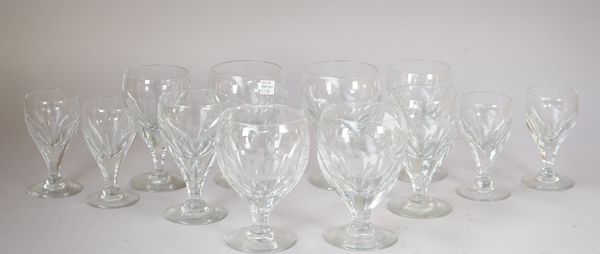 A Royal Brierley part suite of drinking glasses, 20th century, each with a slice cut bowl and facet stem, comprising; seven goblets (14.5cm. high), ei