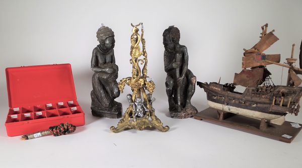 A gilt and silvered metal 19th century lampbase, a small model of a boat and a pair of hardstone figures and sundry, (qty). S2M