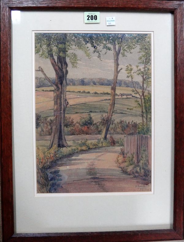 M** Seeck (20th century), a wooded lane, watercolour, signed and dated 1934, 32cm x 23cm.; together with a colour etching signed Bloomer.(2)