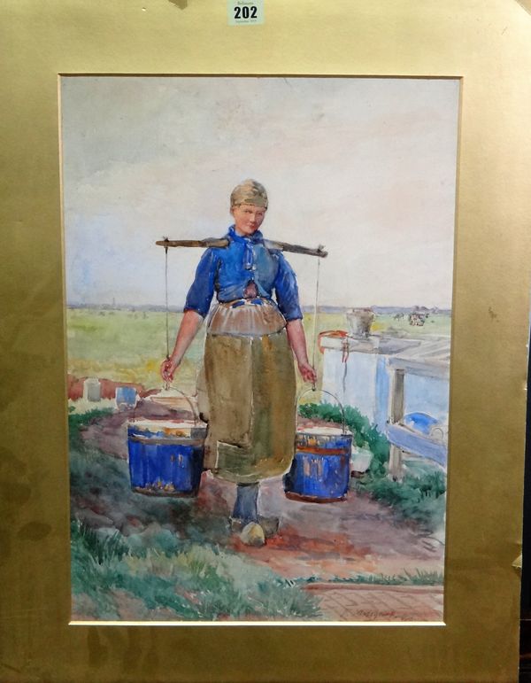 P. Mosheles (19th/20th century), The water gatherer, watercolour, signed and inscribed Vollendam, unframed, 50cm x 35cm.