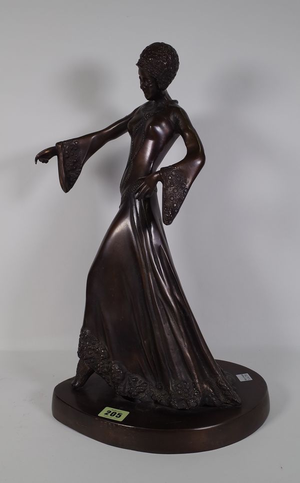 A 20th century Art Deco bronze figure of a dancer on oval plinth base, 46cm high.