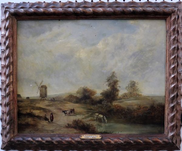 Follower of Patrick Nasmyth, Landscape with figures and animals, a windmill beyond, oil on panel, 33.5cm x 43.5cm.