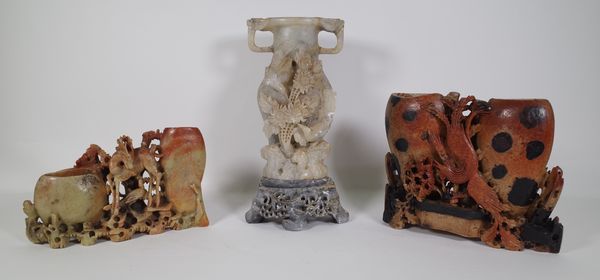 A group of three 20th century Chinese soapstone vases, the largest 26cm high, (3). CAB