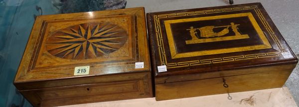 An Edwardian specimen wood inlaid jewellery box with fitted interior, 29cm x 11cm high, and a 19th century mahogany and inlaid jewellery box, 31cm wid