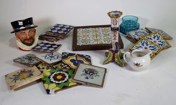 Ceramics, including; a group of 19th century and later tin glaze tiles, a Doulton Beefeater character jug and sundry, (qty). S5T