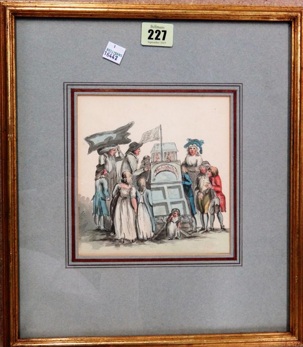 Manner of Thomas Rowlandson, The Punch and Judy stall, pen, ink and watercolour, 16cm x 15cm.