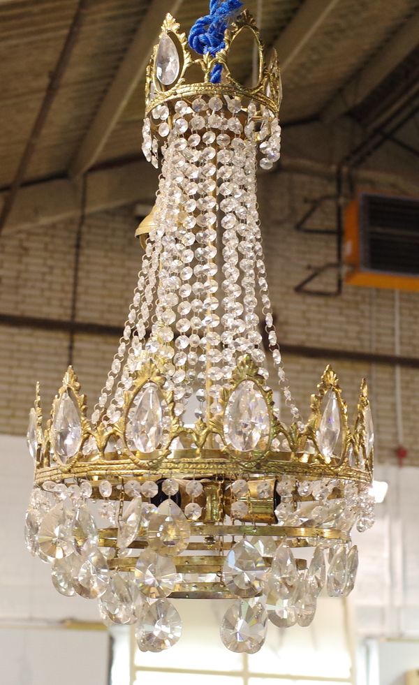 A 20th century gilt metal and glass bag chandelier, 39cm wide x 70cm high.