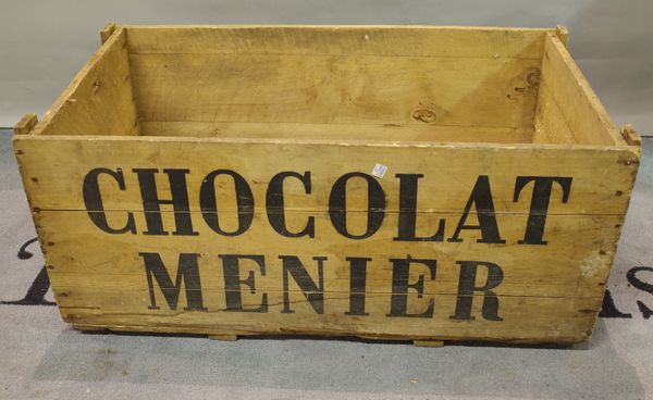 Chocolat Menier, an early 20th century salesman's transport box, 88cm wide x 37cm high.