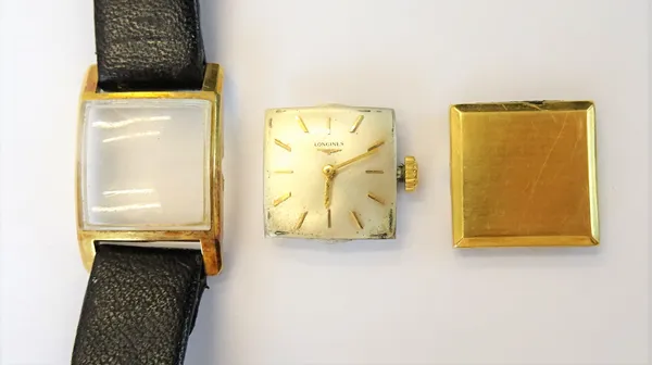 A Longines gold square cased lady's wristwatch, with a signed jewelled movement, the signed silvered dial with gilt baton numerals, detailed within th