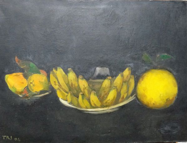 T** R**I** (20th century), Stilll life of bananas and other fruit, oil on canvas, signed with initials and dated '84, unframed, 61cm x 82cm.