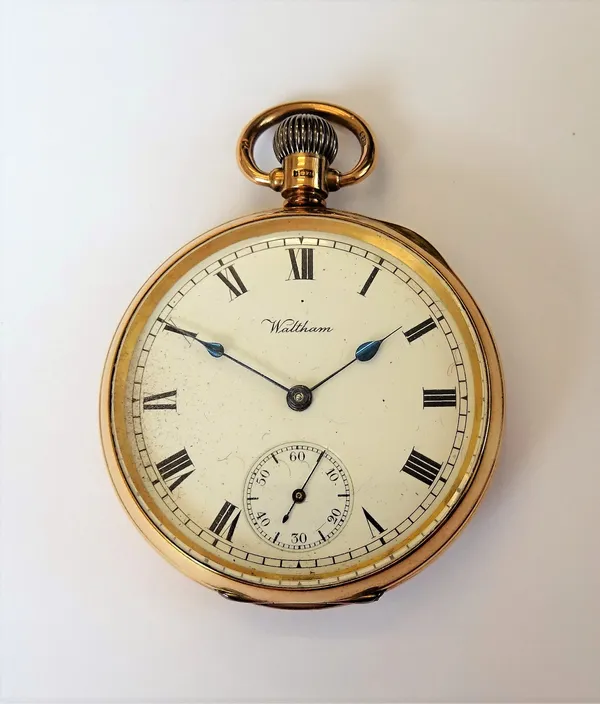 A 9ct gold cased, keyless wind, openfaced gentleman's pocket watch, the jewelled lever movement detailed A.W.W.Co, Waltham, Mass, Riverside 18139387,