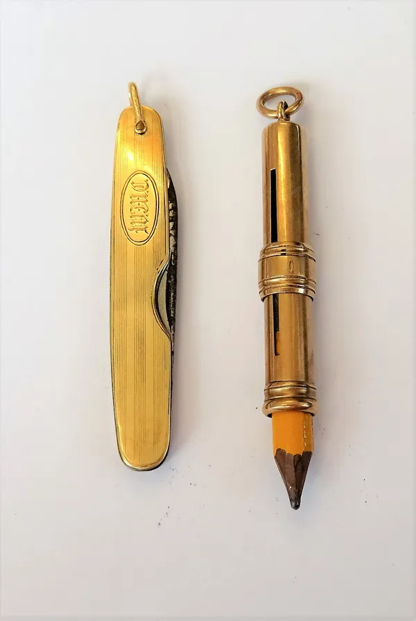 A 9ct gold slide action pencil holder by S Mordan & Co, London 1922 and a gold mounted twin bladed folding pocket knife, detailed 14 K, (2).