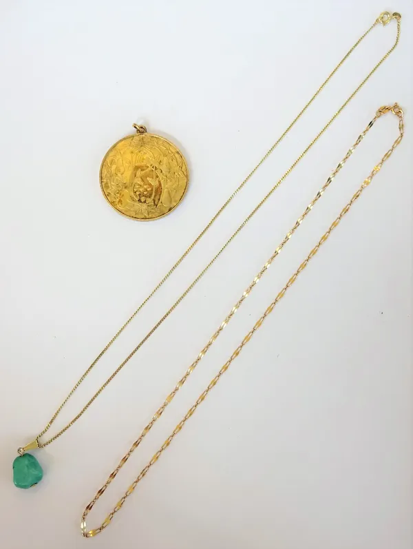 A 9ct gold bar and oval link neckchain, on a boltring clasp, weight 2 gms, a turquoise pendant, with a curb link neckchain, detailed 333, combined gro