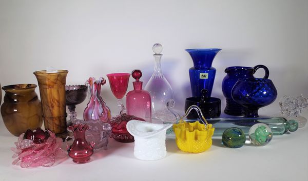 Glassware, comprising; mostly 20th century cranberry and blue glass drinking vessels, glass models and sundry, (qty). S4M