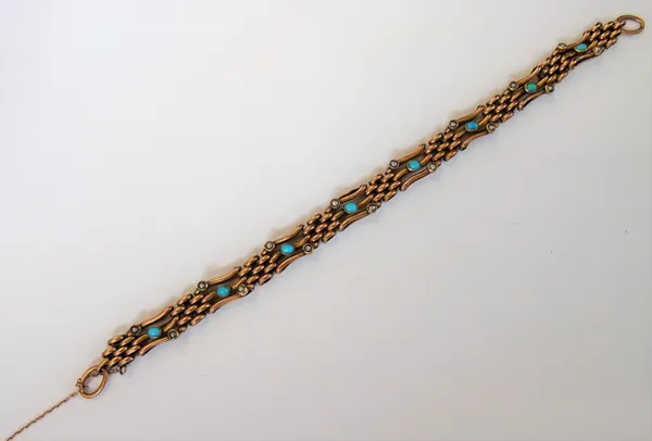 A gold, turquoise and half pearl set bracelet, in a bar and oval link design, detailed 9 C, (the clasp lacking), gross weight 15 gms.