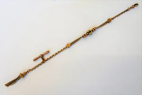 A gold dress Albert chain, fitted with a T bar, a swivel and with a pendant tassle, detailed 9 C, gross weight 11.4 gms.