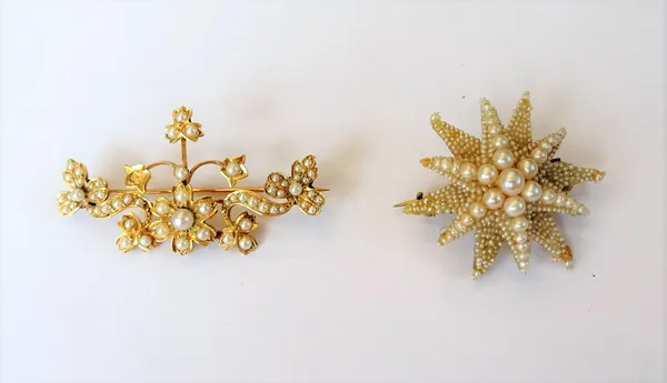 A gold and seed pearl brooch, in a trefoil, floral and scrolling design, gross weight 7.6 gms, length 5cm and a seed pearl and mother-of-pearl brooch,