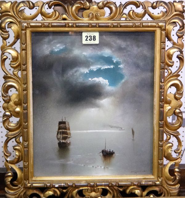 ** de Lorraine (early 20th century), Moonlit shipping scene, gouache, signed, 28cm x 23cm.