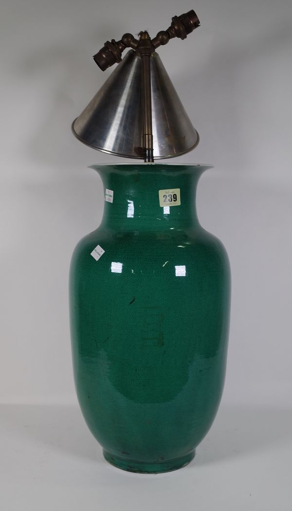 A 20th century green crackle glaze baluster vase, converted into a table lamp, 47cm high, (a.f.).