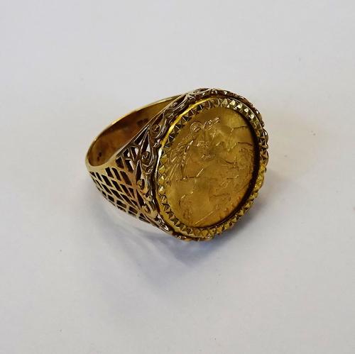 A George V half sovereign 1916 S, in a 9ct gold ring mount, with pierced decoration, ring size U, weight 8.5 gms.