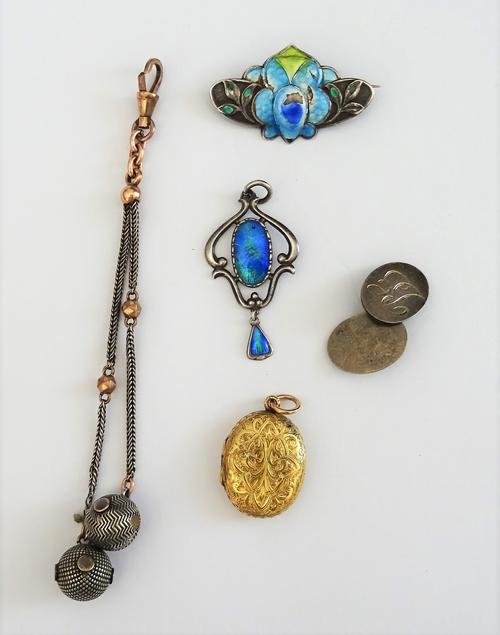 A silver and blue/green enamelled pendant, having a pendant drop, by Charles Horner, Chester 1912, a silver and enamelled brooch by S Ward & Sons, Che