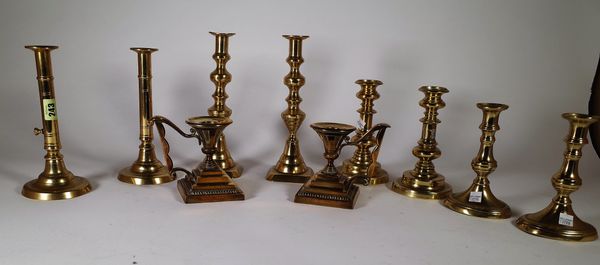 Metalware, comprising; five pairs of 19th century brass candlesticks, the tallest 25cm high, (10). S1T