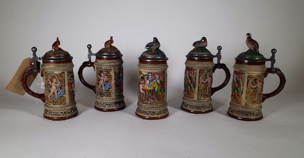 Gerz W Germany; five 20th century ceramic beer tankards with metal lids, each 22cm high, (5). S1T