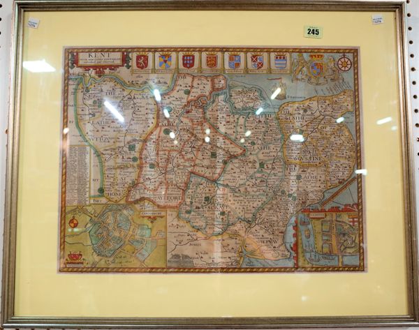 A hand coloured map of Kent, late 17th century by Speed, framed & glazed, 54cm x 66cm.