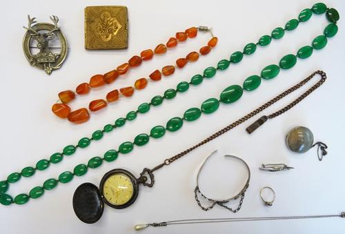 A gold and amethyst single stone ring, a circular agate brooch, a silver and colourless paste lily of the valley brooch, Birmingham 1919, a bangle dec