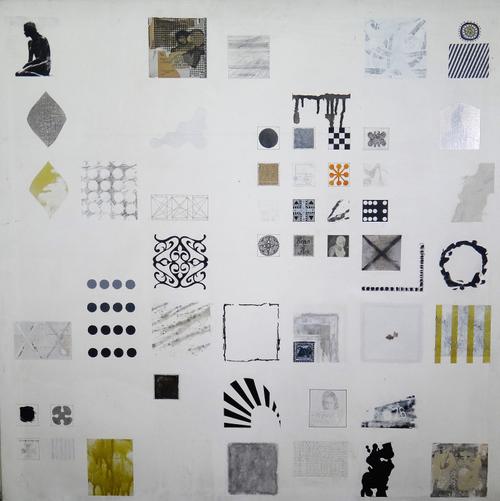 Michael Salt (20th century), Like, Once upon a time, oil and collage on canvas, signed on overlap, unframed, 101cm x 102cm.