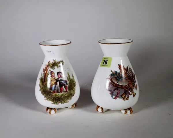 A pair of Copeland bone china vases, circa 1870, each printed and coloured with two children in a landscape, the reverse with musical trophies, raised
