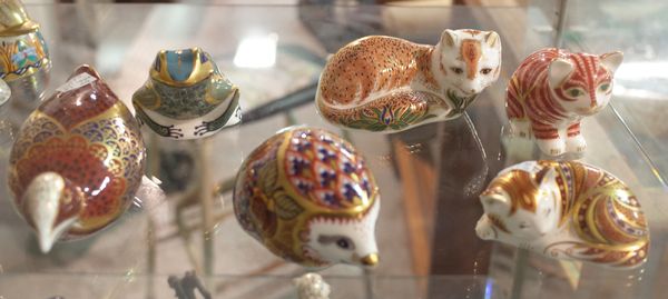 Six Royal Crown Derby Imari paperweights including a frog, coot, fox, hedgehog, cat and another cat, all boxed, (6). CAB