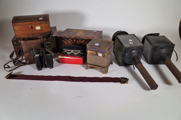 Collectables, including; 19th century boxes, a pair of coaching lamps, binoculars and sundry, (qty). S2M