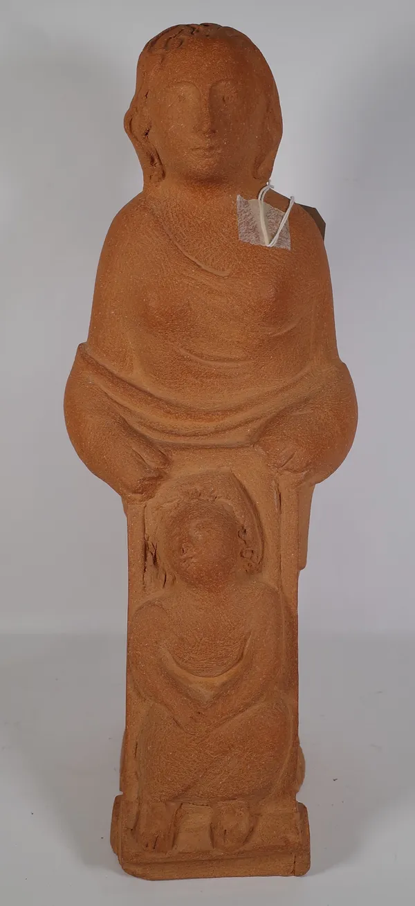 Matthew Spender; a terracotta group of a mother pushing a child in a pram, signed and dated 1992 to the underside, 53cm high.