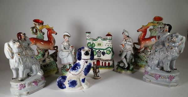 Ceramics, comprising; 19th century and later Staffordshire flatback figure groups and spill vases, (qty). S2T