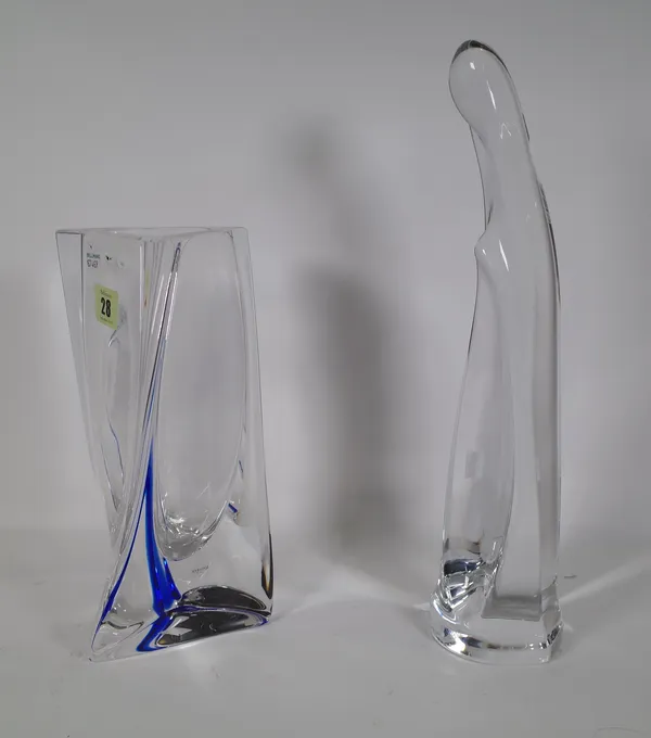 A modern Kosta Boda glass vase of triangular 'twisted' form by Goran Warff, 25.5cm high, and a Daum glass 'Nun', etched 'Daum France' to the rear, 35.
