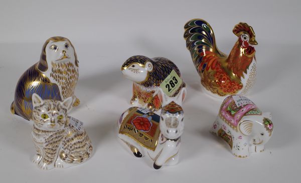 Six Royal Crown Derby Imari paperweights including a beaver, donkey, cockerel, spaniel, elephant and cat, all boxed, (6). CAB