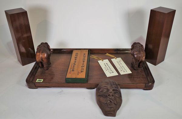 Collectables, including; pair of hardwood trays with carved animal handles, wooden box,, embossed leather box and sundry, (qty). S6TProvenance; proper