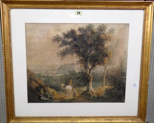 British School (early 19th century), View towards a town, possibly Stirling, watercolour, 35.5cm x 44.5cm.