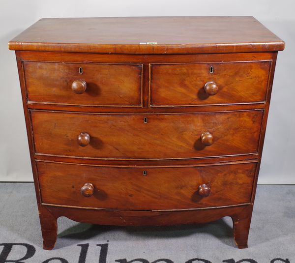 An early Victorian mahogany bowfront chest of two short and two long graduated drawers on bracket feet, 90cm wide x 89cm high.