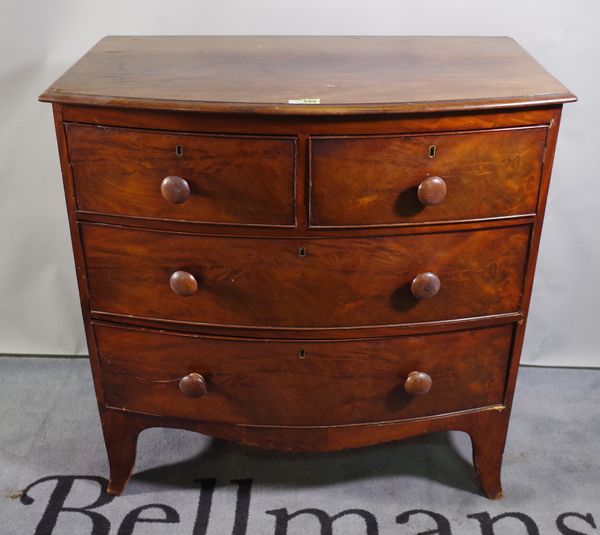 An early Victorian mahogany bowfront chest of two short and two long graduated drawers on bracket feet, 91cm wide x 93cm high.