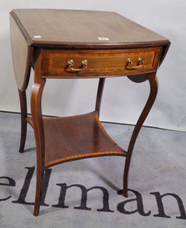 An Edwardian mahogany single drawer drop flap side table on sabre supports, 48cm wide x 75cm high and a Victorian mahogany hall chair, (2).