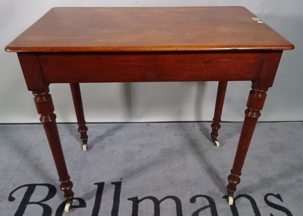 A Victorian mahogany rectangular hall table with single frieze drawer on turned supports, 84cm wide x 76cm high.