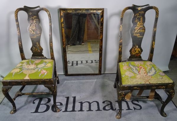 A pair of Queen Anne style Japanned vase back side chairs and a similar rectangular wall mirror, 55cm wide x 97cm high, (3).