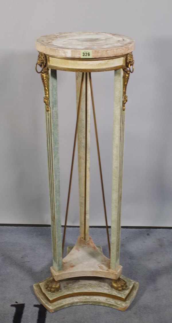 A Regency style white and parcel gilt torchere stand, 30cm wide x 95cm high.