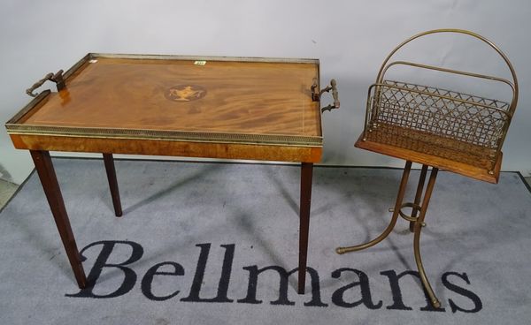 An Edwardian mahogany folding butlers tray with metal galleried top, 70cm wide x 68cm high and an Edwardian oak and brass three division magazine rack