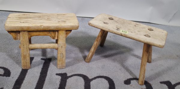 A primitive miniature elm stool, 31cm wide x 20cm high, and a Chinese elm miniature stool, 29cm wide x 20cm high, (2).