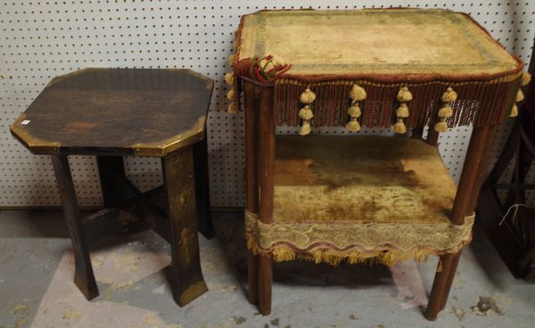 A late Victorian Aesthetic upholstered two tier side table, 62cm wide x 75cm high, and a 20th century oak side table with brass Chinese motifs, 48cm w